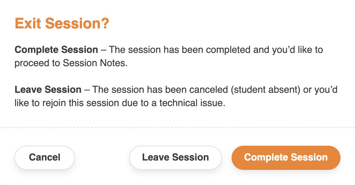 End session options to complete the session or leave a canceled session