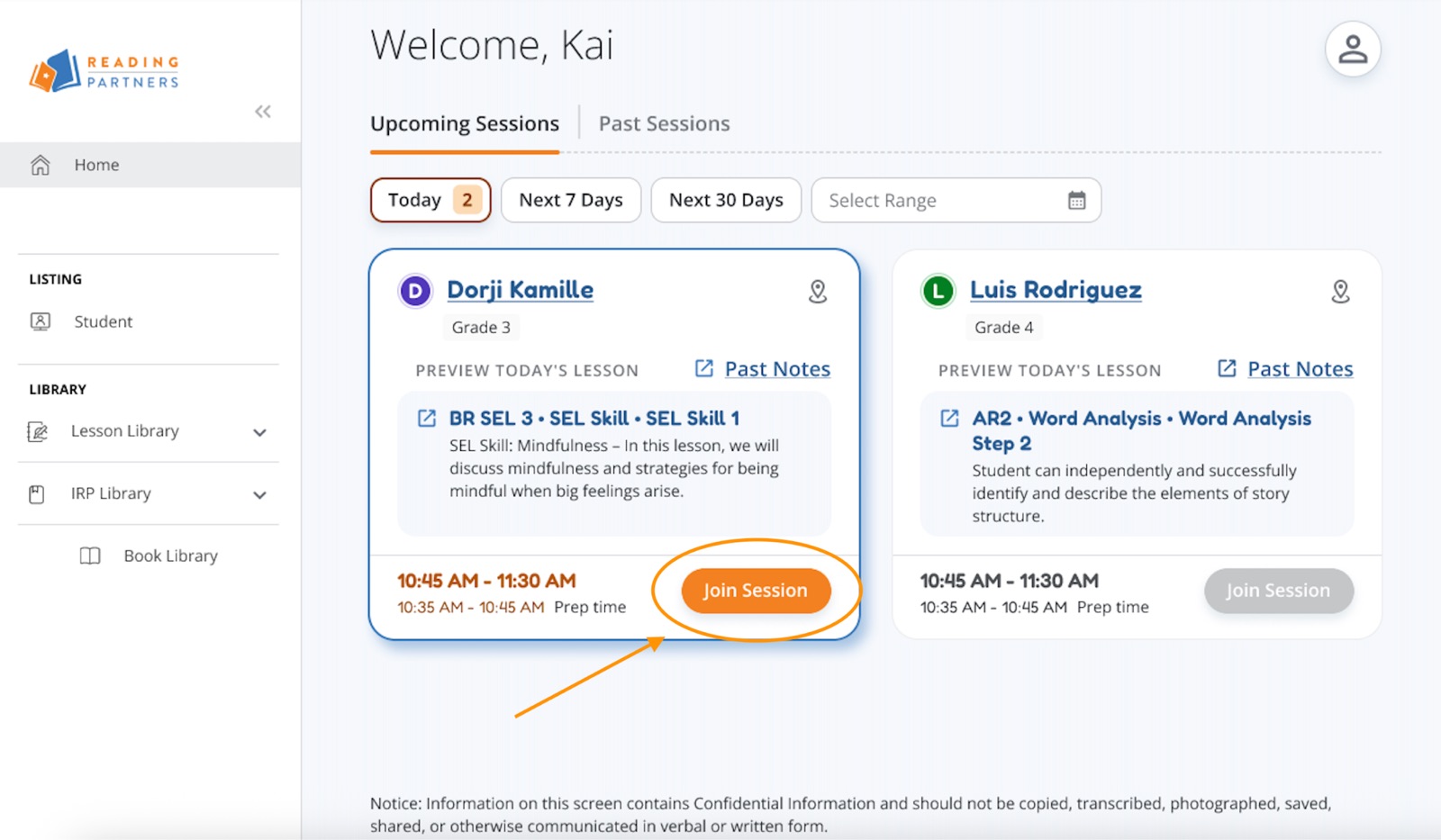 Tutor dashboard with the orange Join Session button