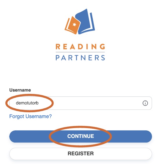 Login screen with a username entered and the Continue button circled