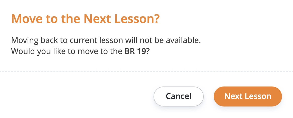 Pop-up asking you to confirm the move to the next lesson