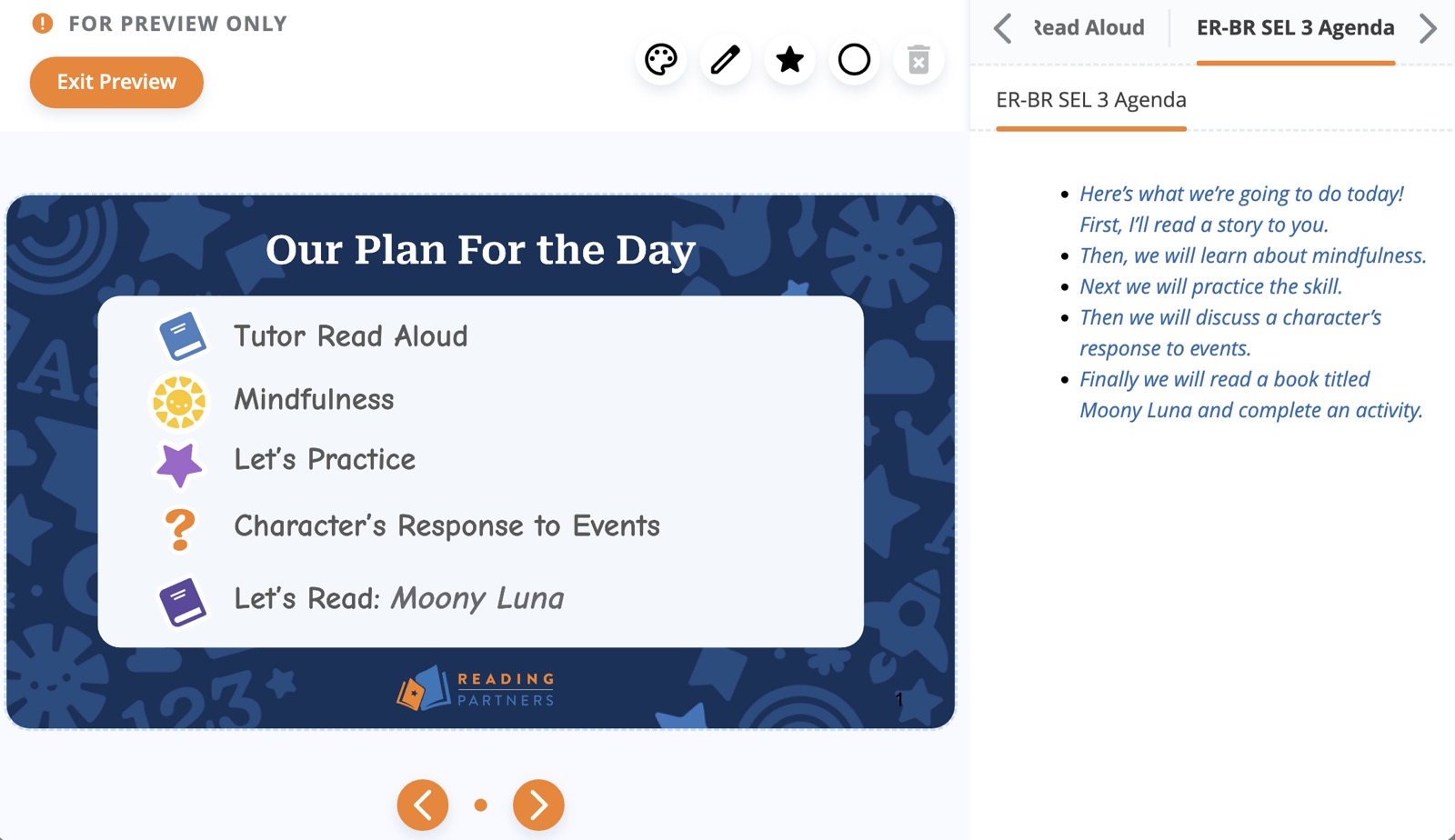 Lesson preview pop-up showing the first slide and tutor guidance