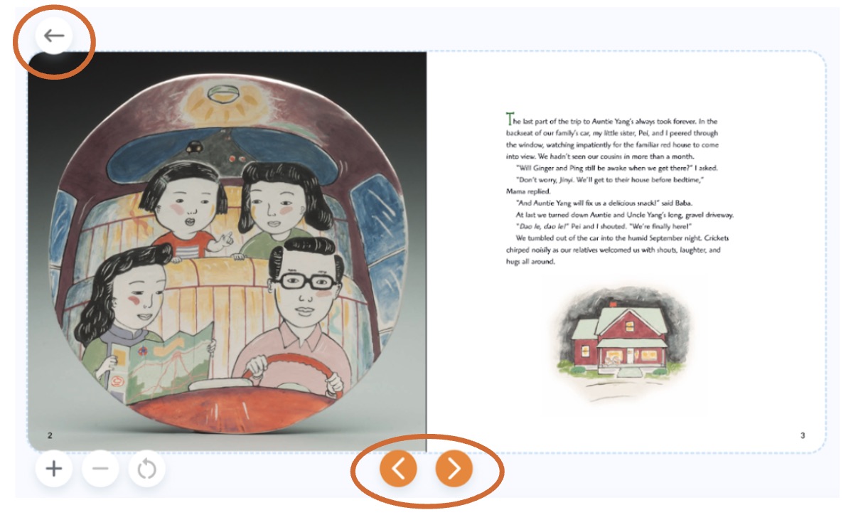 Open e-book with magnification controls and orange page arrows
