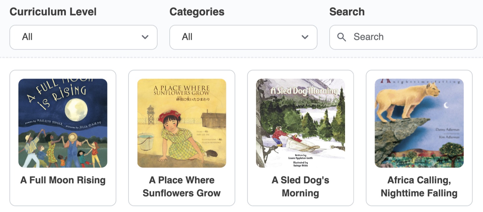 Read Aloud Library with filters for curriculum level and category