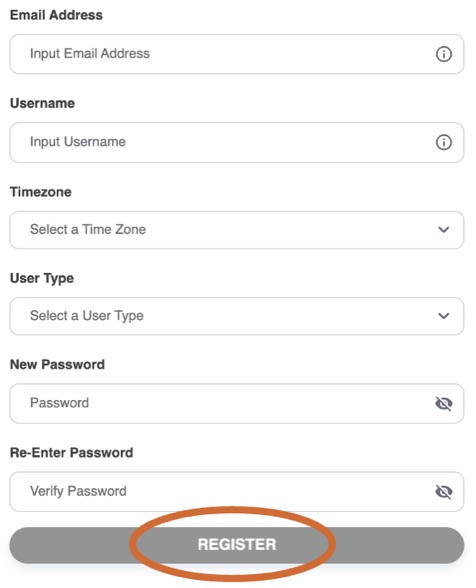 Registration form with email, username, timezone, user type and password fields, and the Register button circled