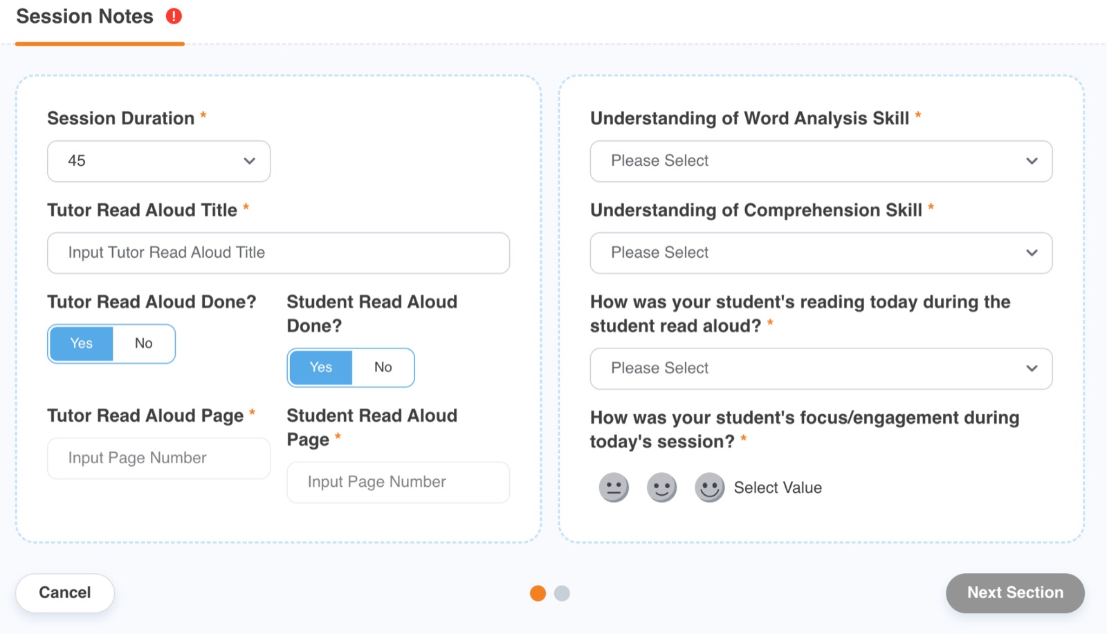 Session notes form with session details, lesson details and student feedback